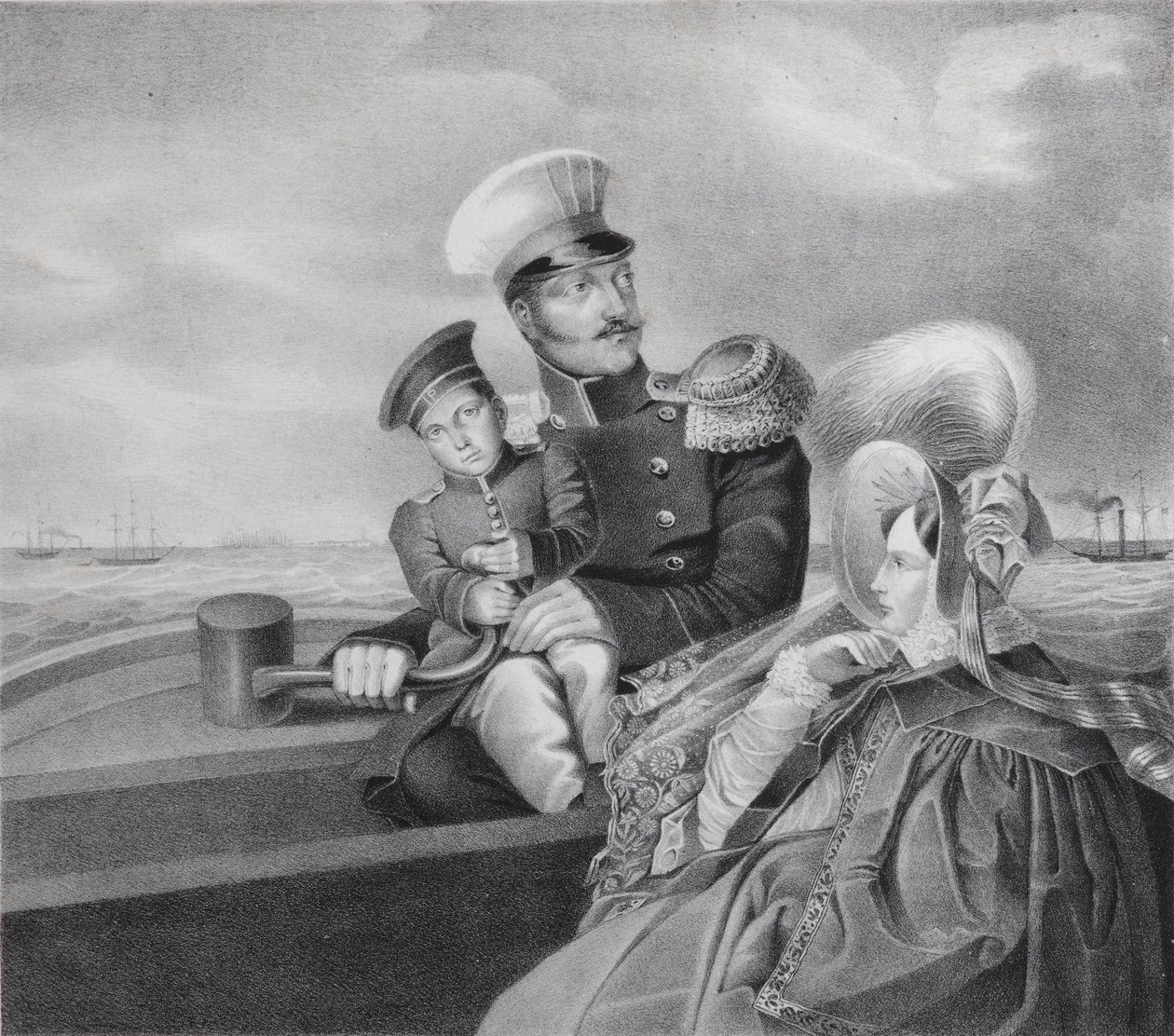 Imperador Nicolau I e Imperatriz Alexandra Fyodorovna com o filho Konstantin Nikolaevich em uma viagem de barco, de Unbekannt
