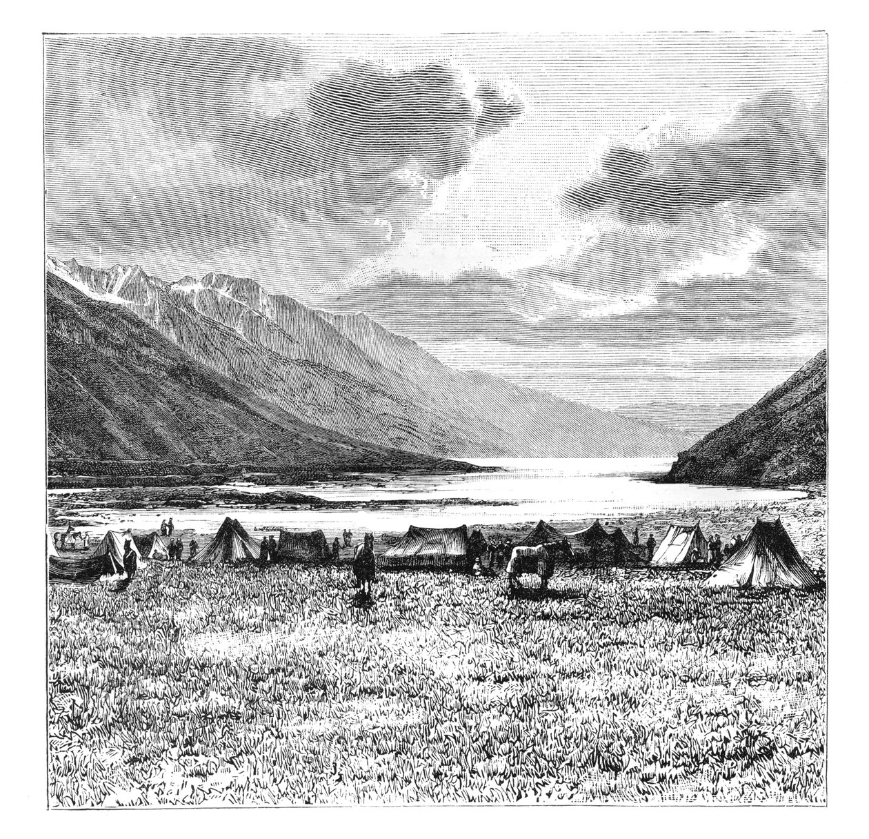 Acampamento da expedição inglesa de 1871, lago Pang-Kong, Tibete, 1895 de Unbekannt