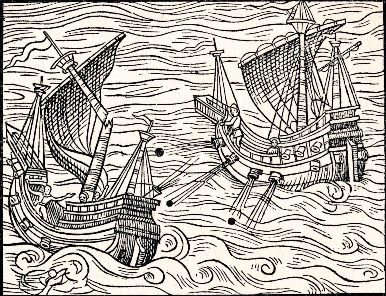 Noivado entre dois navios mercantes na costa da Islândia, 1555 de Unbekannt