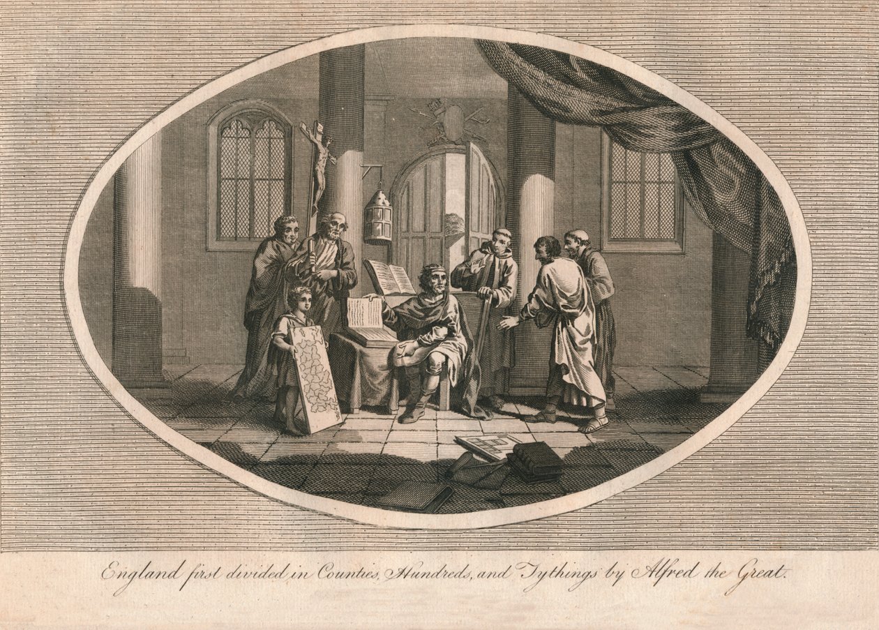 Inglaterra dividida pela primeira vez em condados, centenas e tythings por Alfred the Great, c880s 1793 de Unbekannt