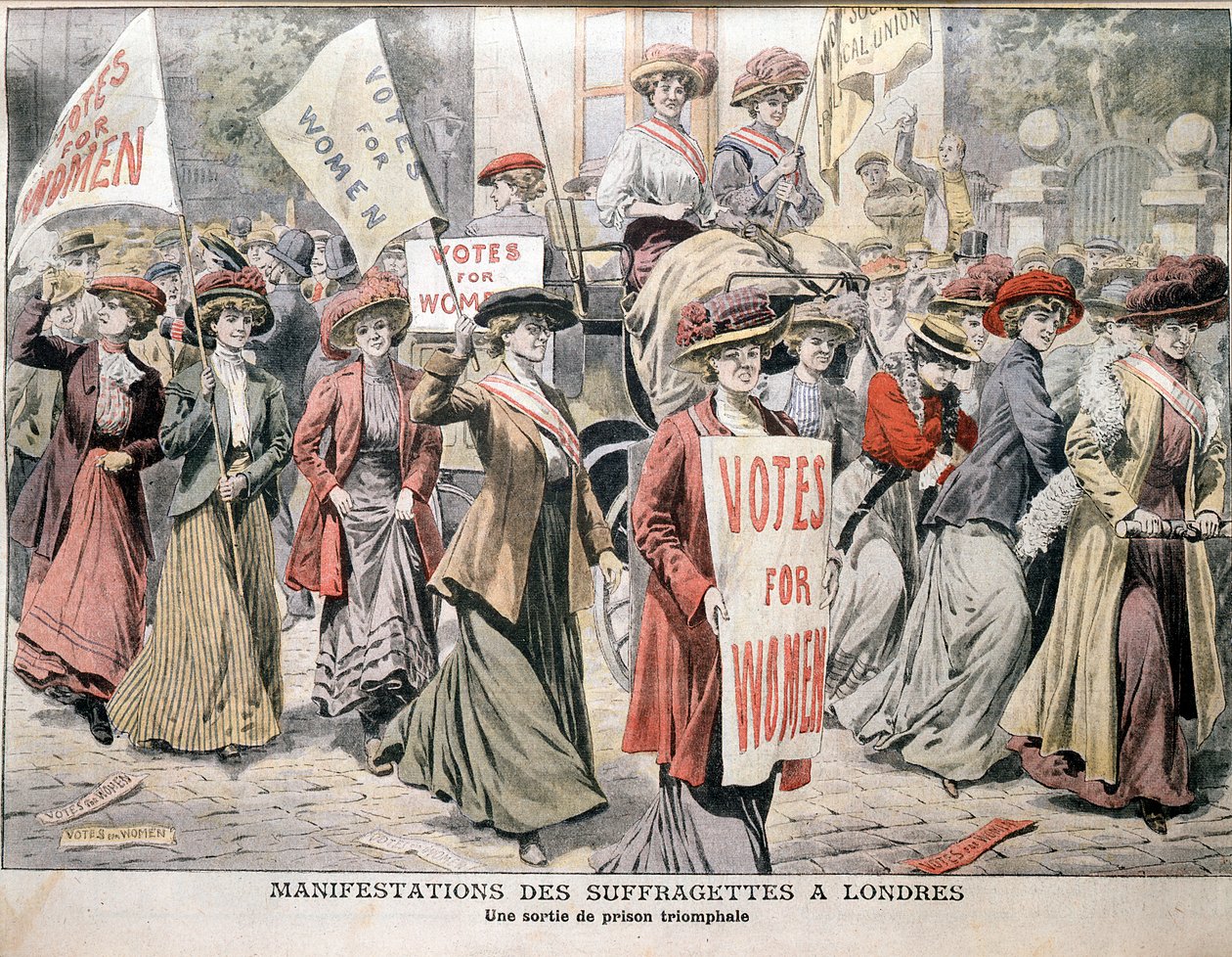 Sufragistas ingleses ao serem libertados da prisão de Holloway, 1908 de Unbekannt