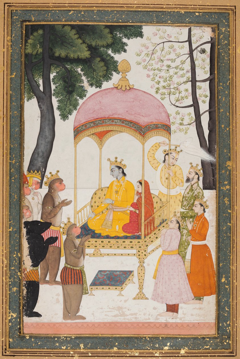 Rama e Sita entronizados recebem homenagem de seus macacos e aliados, c. 1765 de Unbekannt