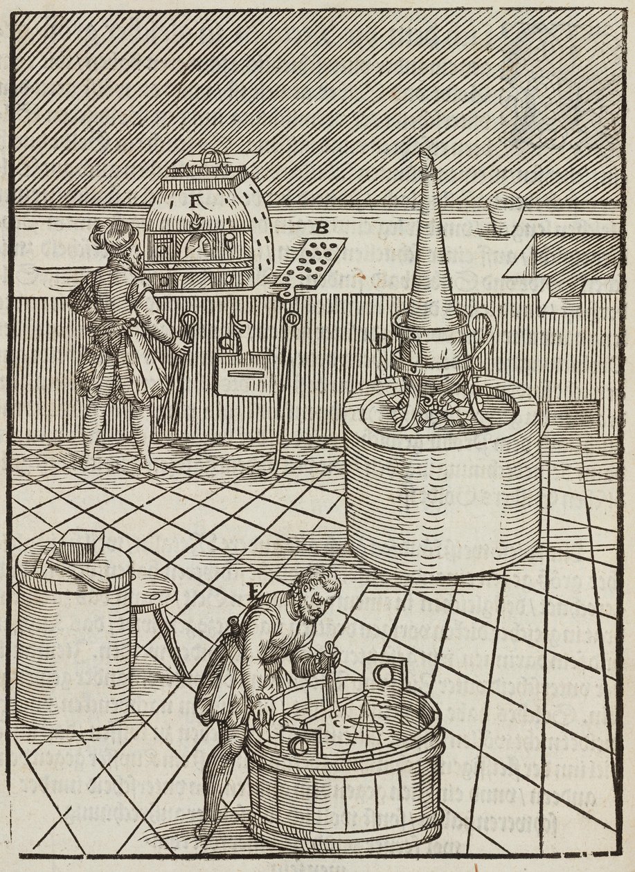 Equipamento e análise de minérios de ouro e prata - Gravura a partir da descrição dos minérios e principais métodos de mineração, por Lazarus Ecker de Unbekannt