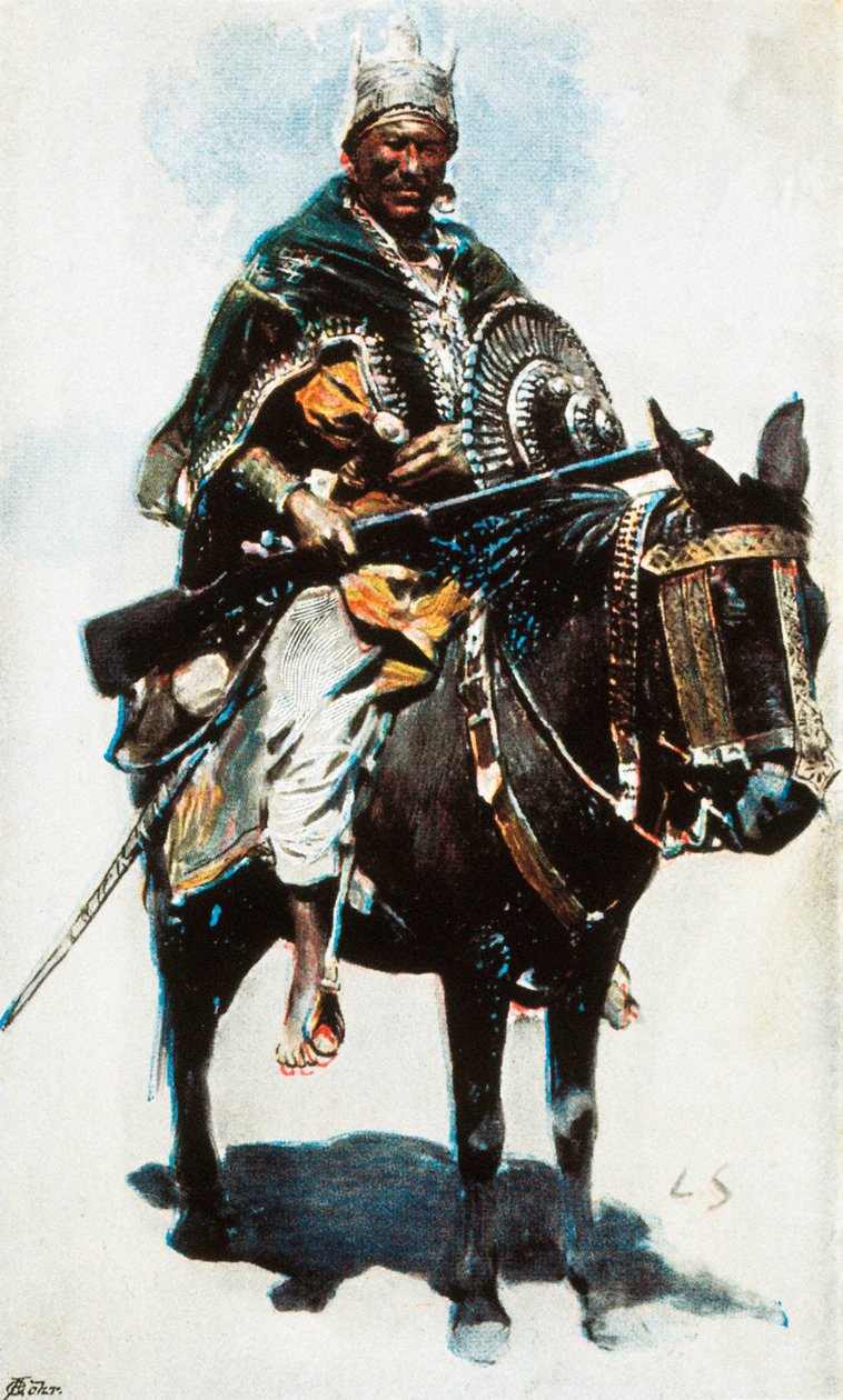 Guerra da Etiópia : retrato de Menelik II (1844-1913), imperador (negus) da Etiópia (1889-1913) Fotografia colorida do século 20 de Unbekannt