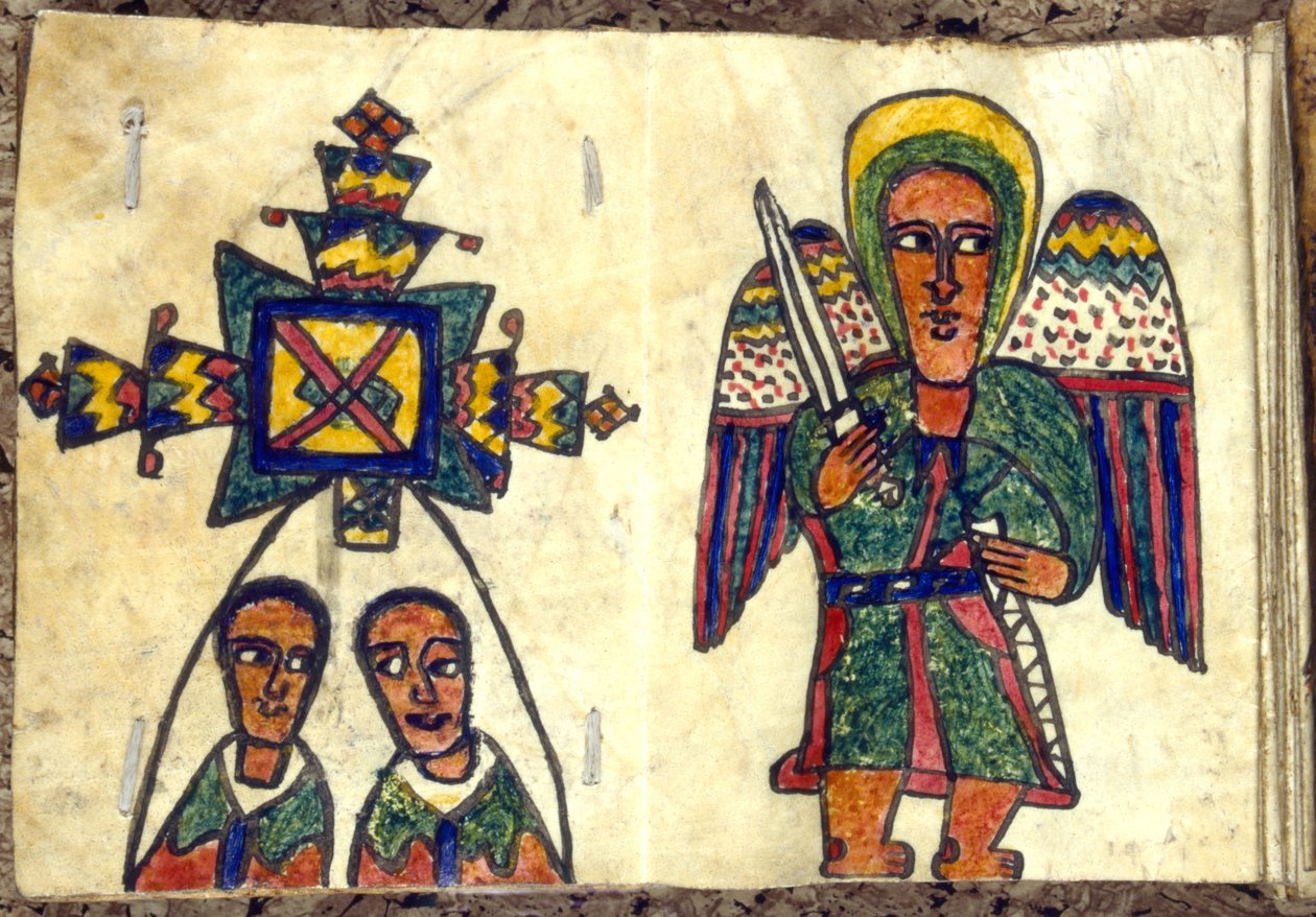Livro de orações etíope mostrando um anjo com uma espada e dois homens, possivelmente sacerdotes, século 19 de Unbekannt