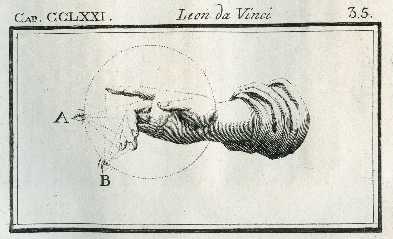 Etude sobre a percepção dos dedos de uma mão em movimento. Gravura de "Treat of Painting" de Leonardo da Vinci (Leonard de Vinci) (1452-1519). "Tratado de Pintura de Lionardo da Vinci", Milão, Casa da Impressão. de Unbekannt