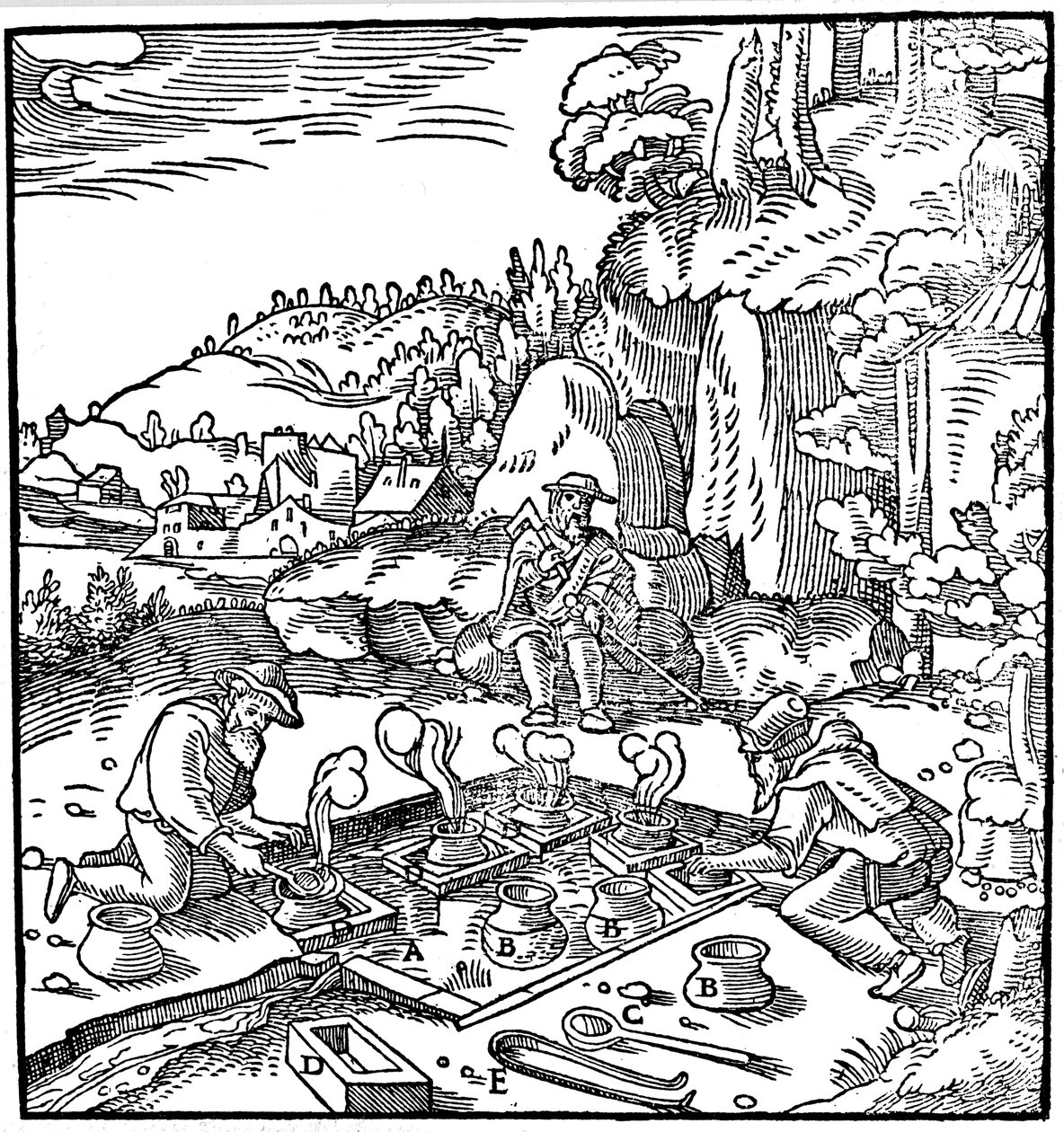 Potes de evaporação de salmoura em uma fonte termal natural para obter sal, 1556 de Unbekannt