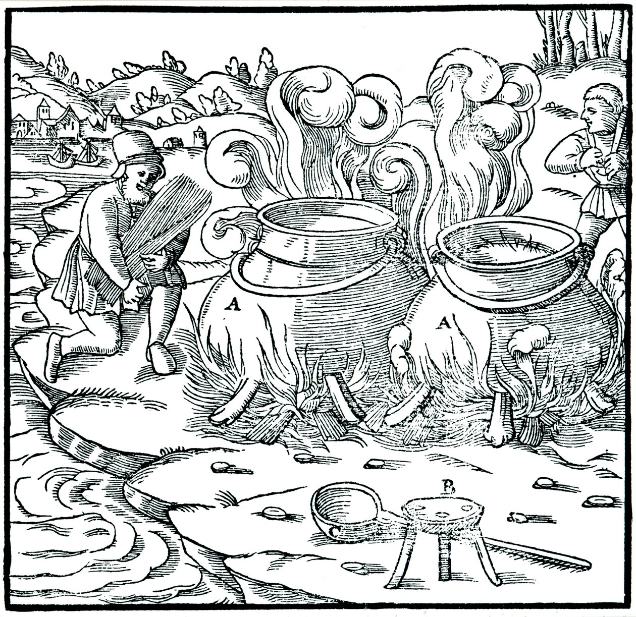 Evaporação da água do mar em panelas de ferro para obter sal, 1556 de Unbekannt