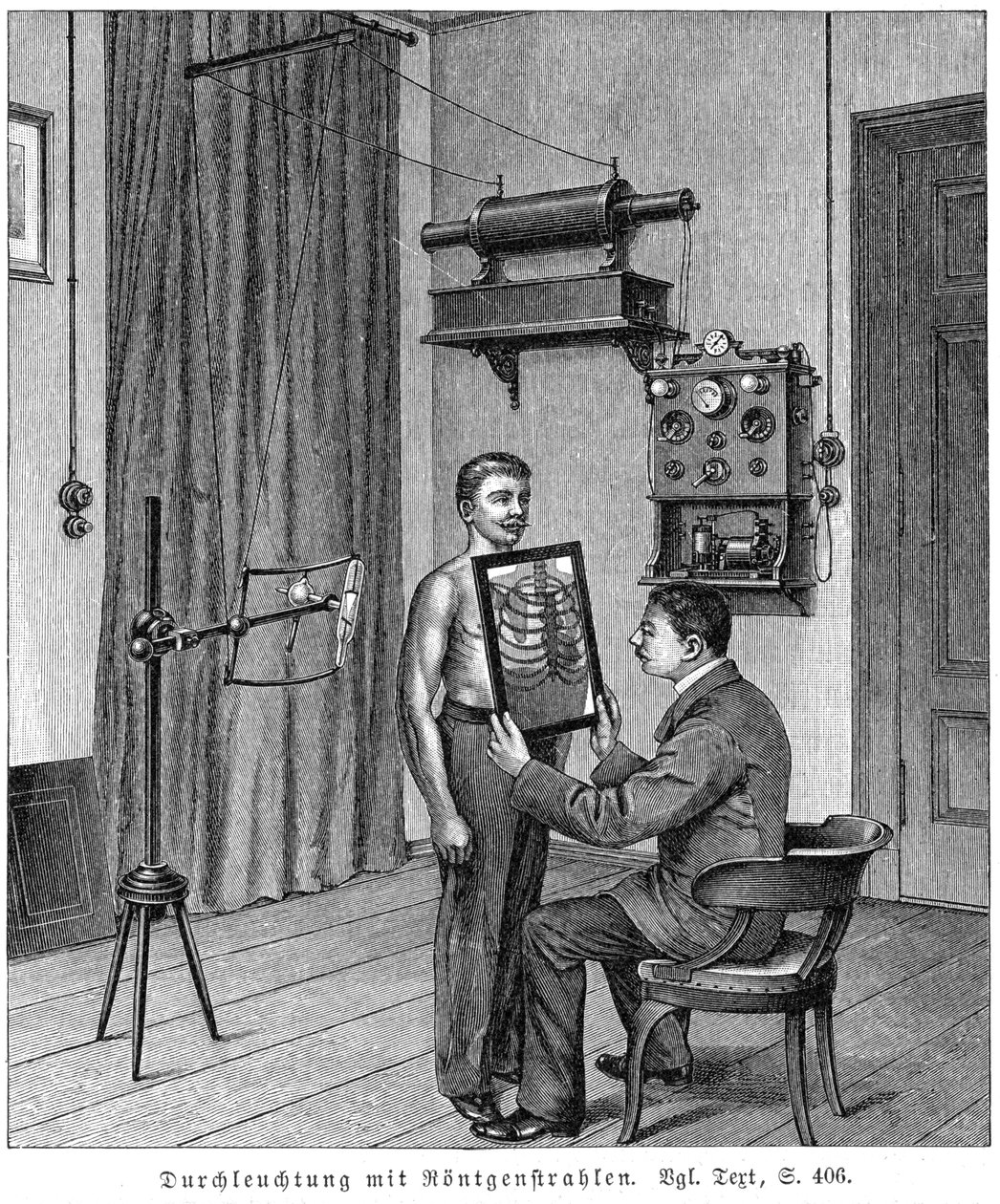 Examinando o tórax de um paciente usando um tubo de raios X e uma tela fluorescente, 1903 de Unbekannt