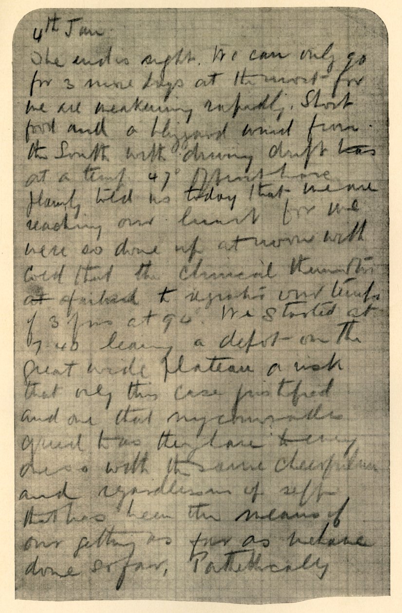 Fac-símile do Diário da Página de Shackletons, 4 de janeiro de 1909 de Unbekannt