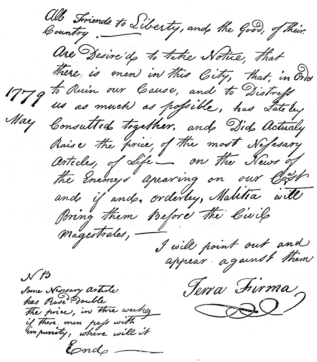 Fac-símile de uma declaração sobre a escassez de alimentos na América, 1779 c1880 de Unbekannt