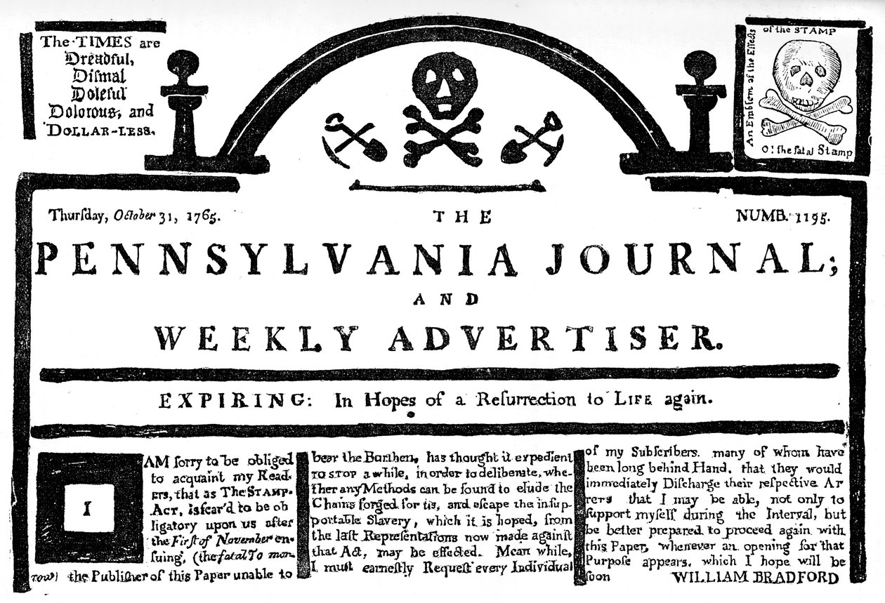 Fac-símile do Jornal da Pensilvânia sobre a Lei do Selo, 1765 c1880 de Unbekannt