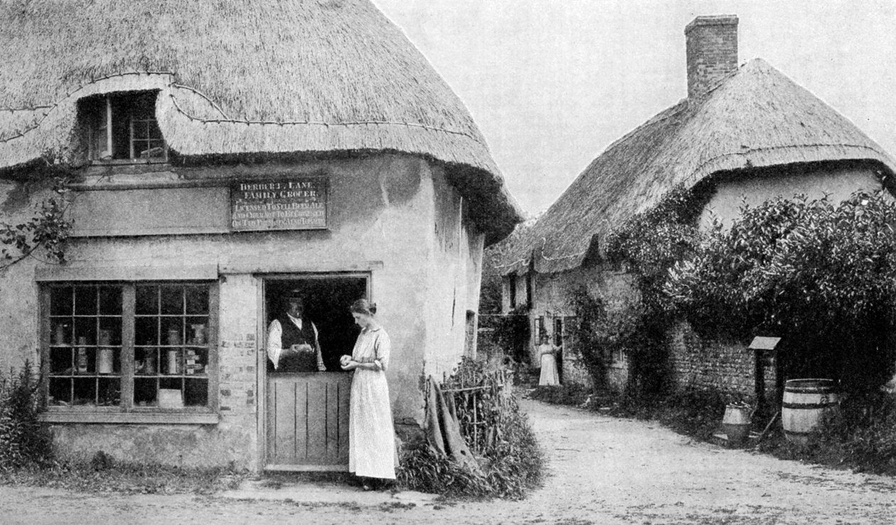 Mercearia da família, esquina de Bradford Peverell, Wessex, c1922 de Unbekannt