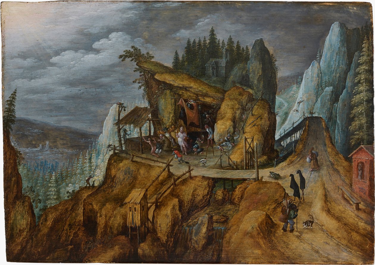 Fantástica paisagem rochosa com a Tentação de Santo António, 1600. de Unbekannt