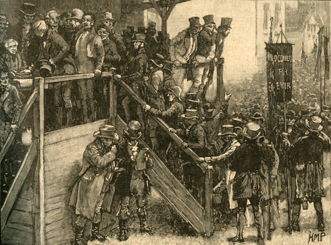 Padre John Murphy levando seus inquilinos a votar na eleição de Clare, Irlanda, 1828 c1890. de Unbekannt