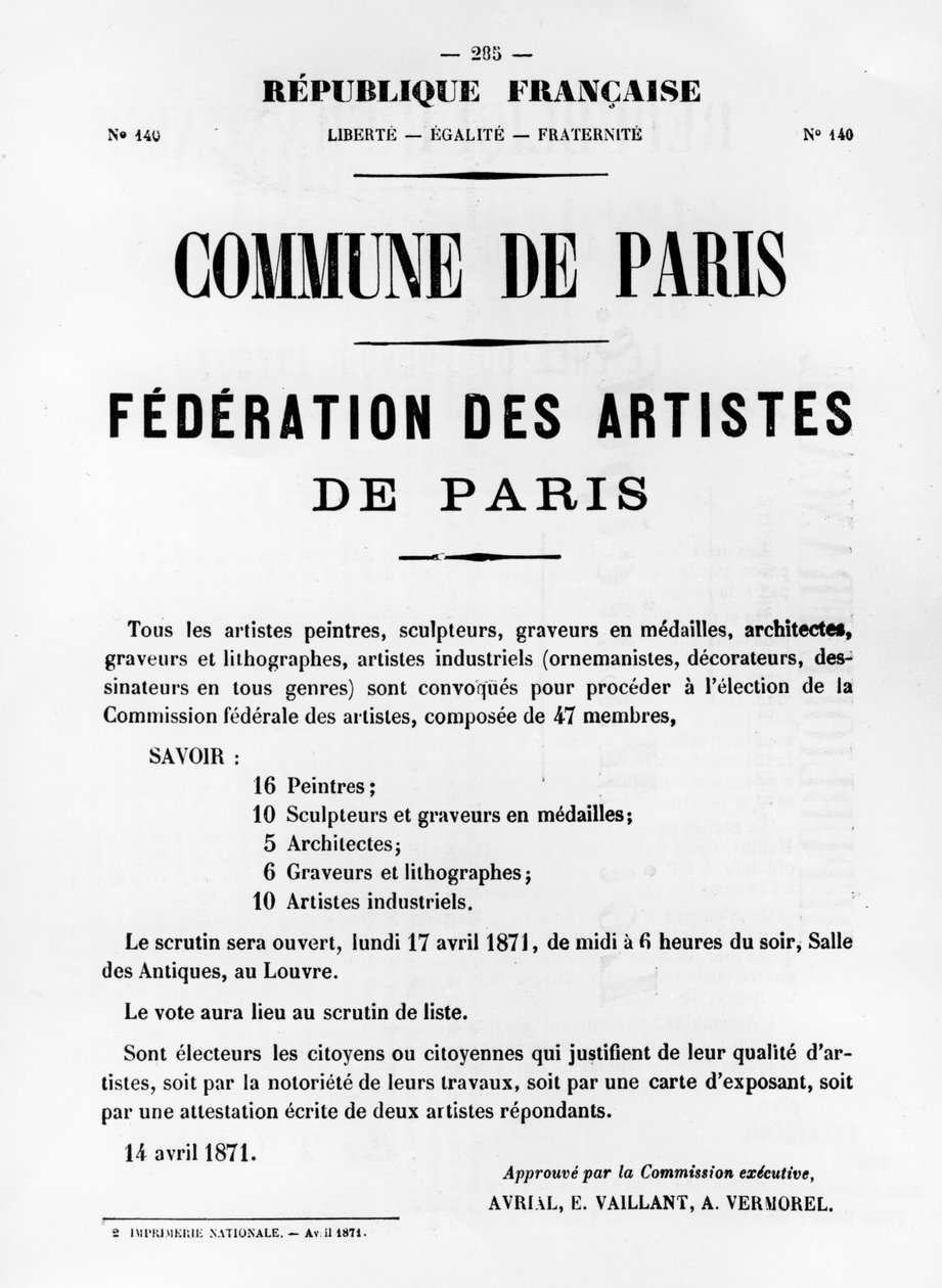 Federation des Artistes, de pôsteres políticos franceses da Comuna de Paris, maio de 1871 de Unbekannt