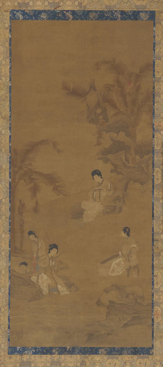 Músicos femininos em um jardim sob palmeiras de bananeira, dinastia Ming, 1368-1644. de Unbekannt