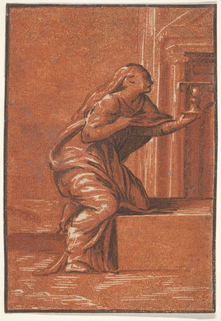 Personificação feminina de Fé que se ajoelha levantando um cálice na mão esquerda, af ..., ca. 1520-1560. de Unbekannt