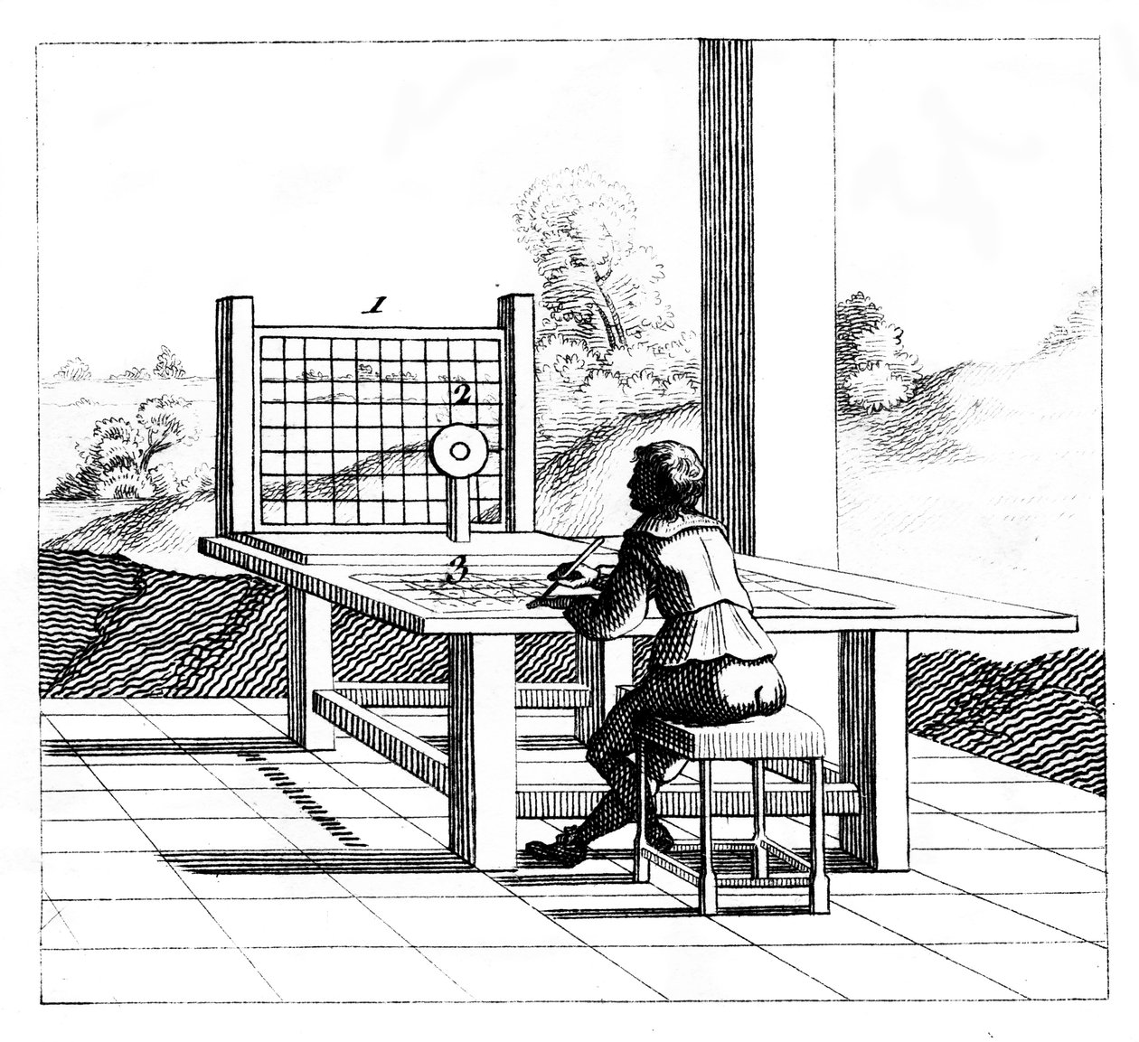 Figura praticando desenho em perspectiva, 1639 de Unbekannt