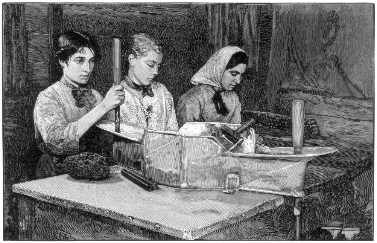 Cartuchos de enchimento com pó de dinamite em Isleten, perto de Fluelen, Suíça, 1893 de Unbekannt