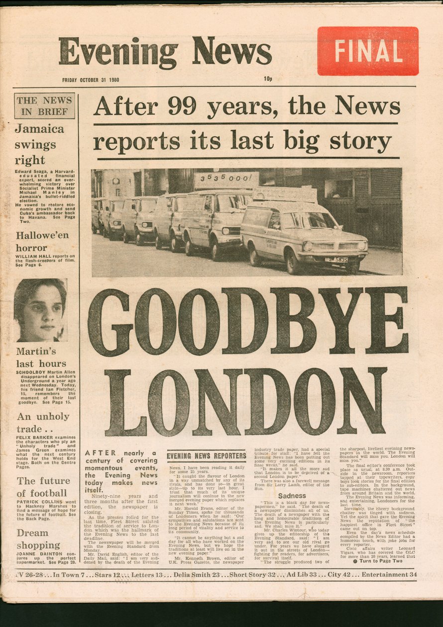 Edição final do jornal Evening News, 1980 de Unbekannt