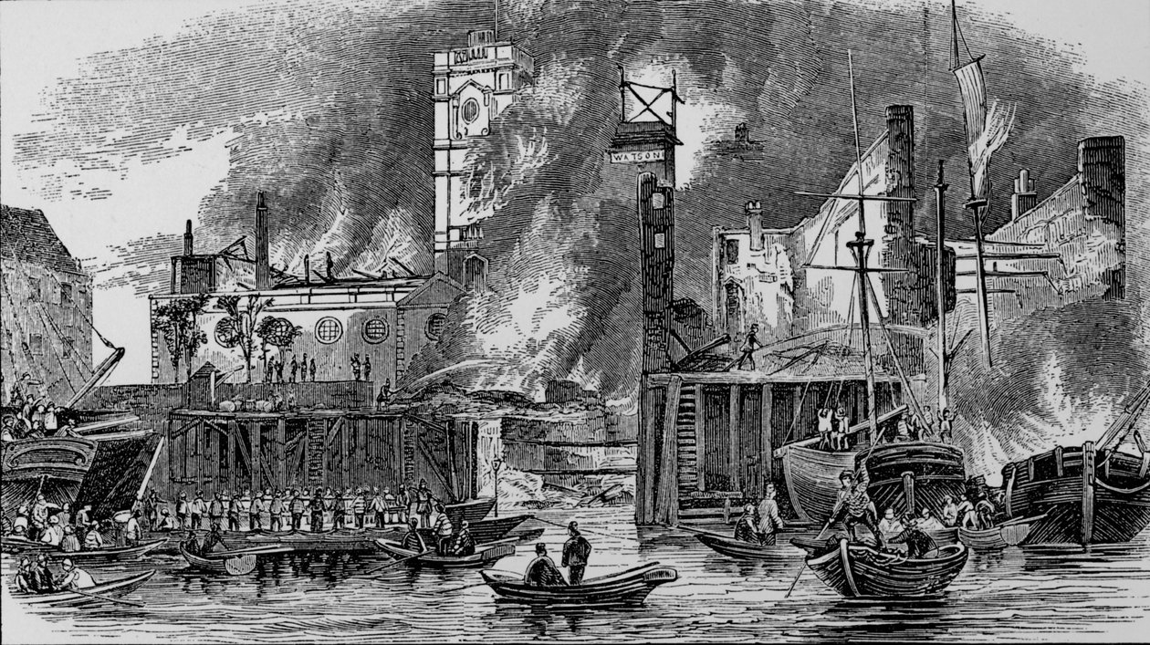 Incêndio em Toppings Wharf, London Bridge, 1843, c1843, 1912. de Unbekannt