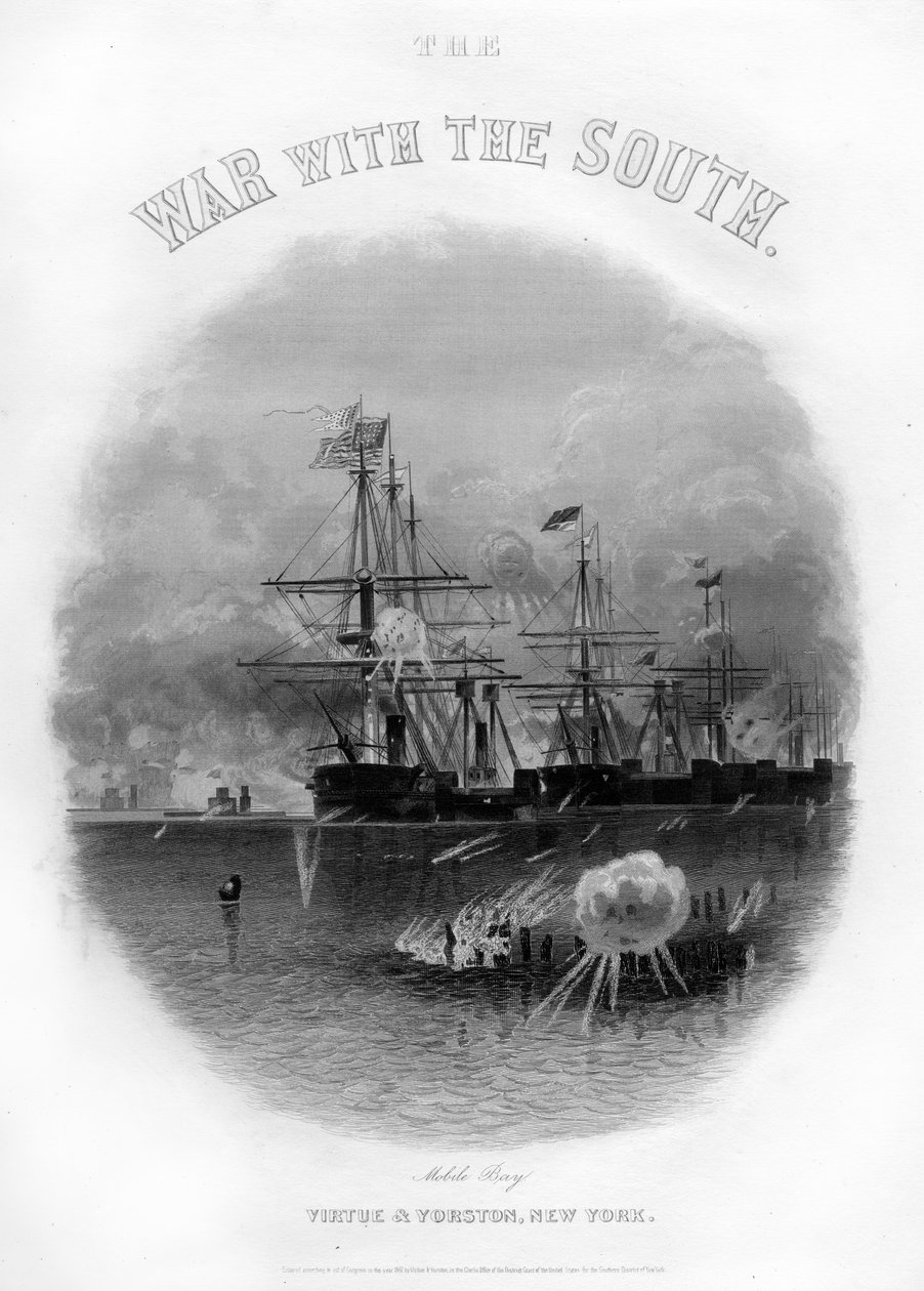 Frota passando pelo forte e obstruções, Battle of Mobile Bay, 5 de agosto de 1864, 1862-1867 de Unbekannt