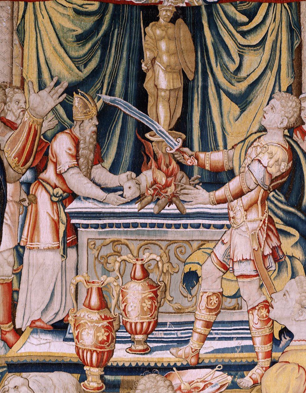 Tapeçaria flamenga. Série A História de Hannibal. Juramento de Hannibal. A primeira tapeçaria da série. Desenhos animados mestre anónimo da Holanda. Fabrico de oficinas em Bruxelas. Ca 1570. Lã e seda de tecido, 6,5/7 urdiduras por cm. Tamanho 34. de Unbekannt