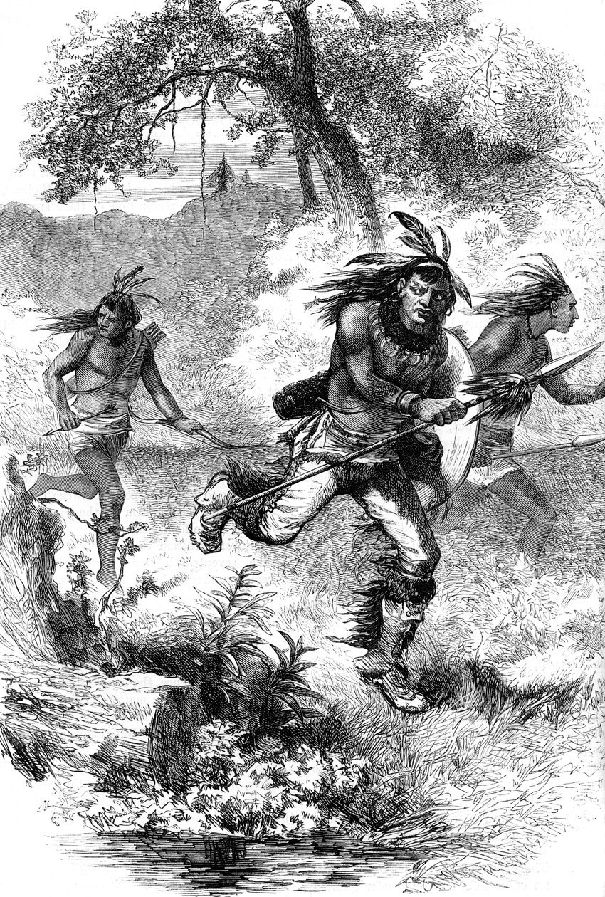 Vôo dos nativos americanos após um massacre de colonos, século XVII c1880 de Unbekannt