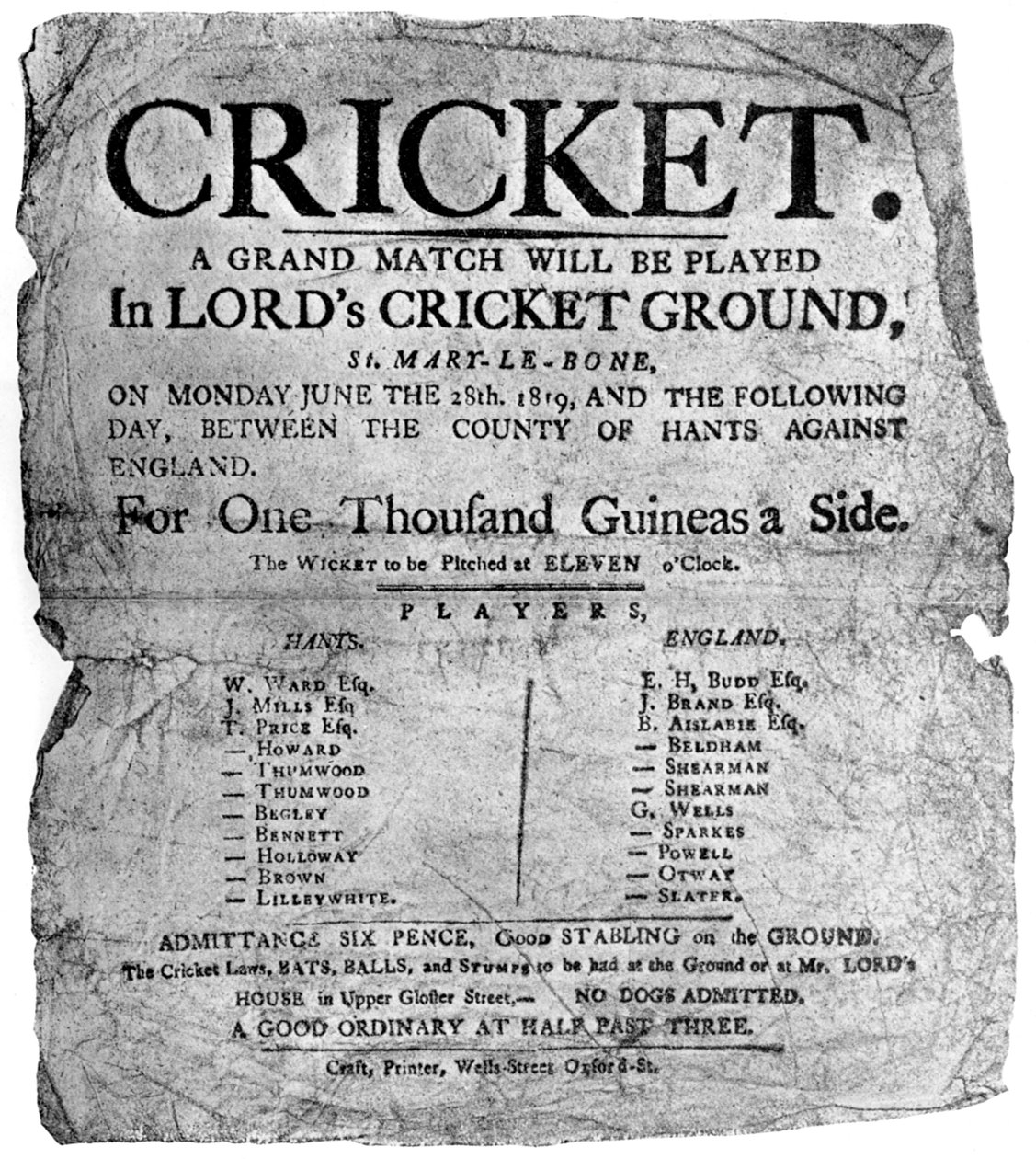 Flyer anunciando uma partida de críquete entre Hampshire e Inglaterra, 1819 1912 de Unbekannt