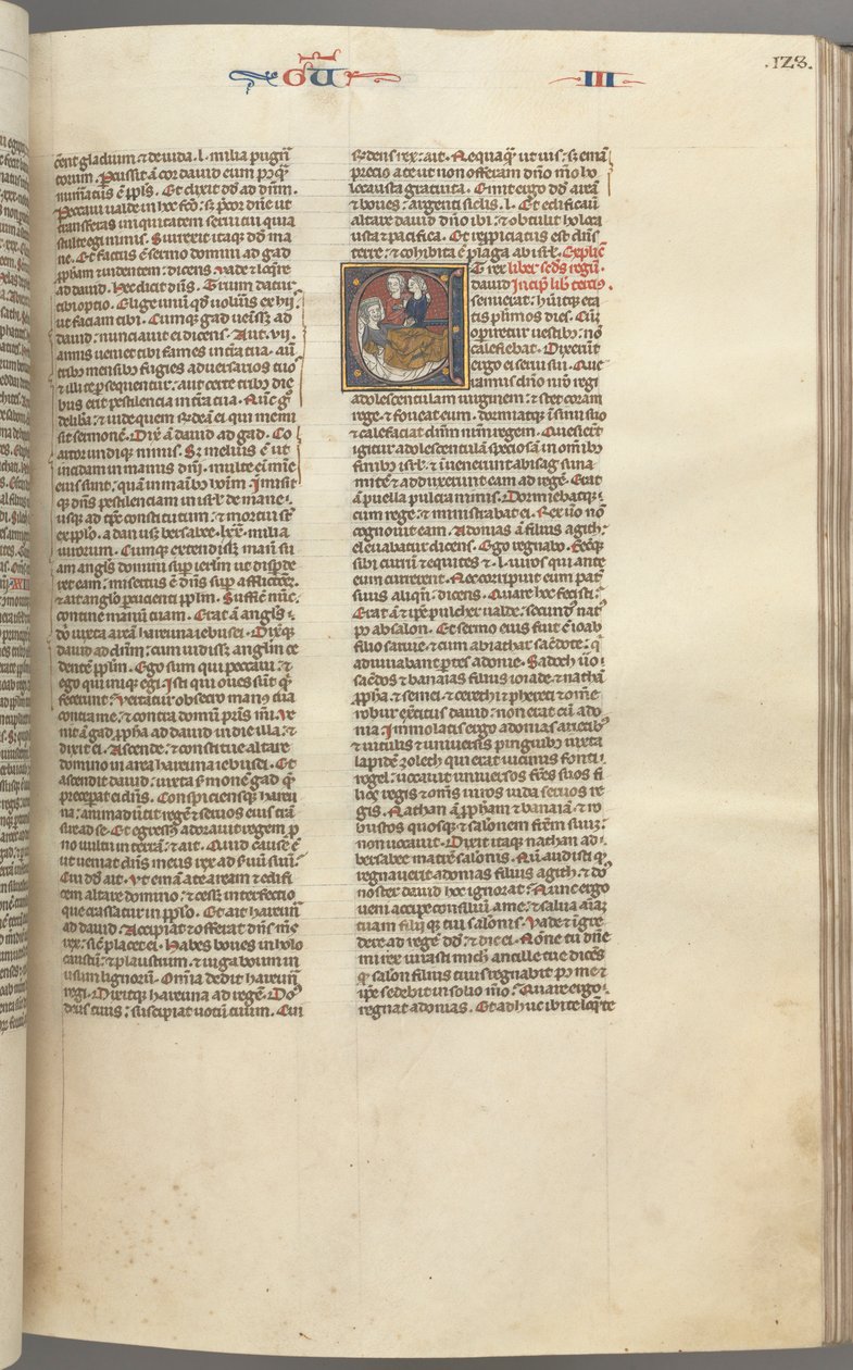 Fol. 123r, Reis III, historiada inicial E, um assistente trazendo Abisag a Davi ..., c. 1275-1300 de Unbekannt