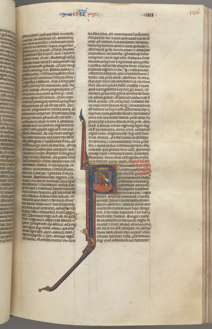 Fol. 136r, Reis IV, P histórico inicial, Acazias caindo de uma torre, c. 1275-1300. de Unbekannt