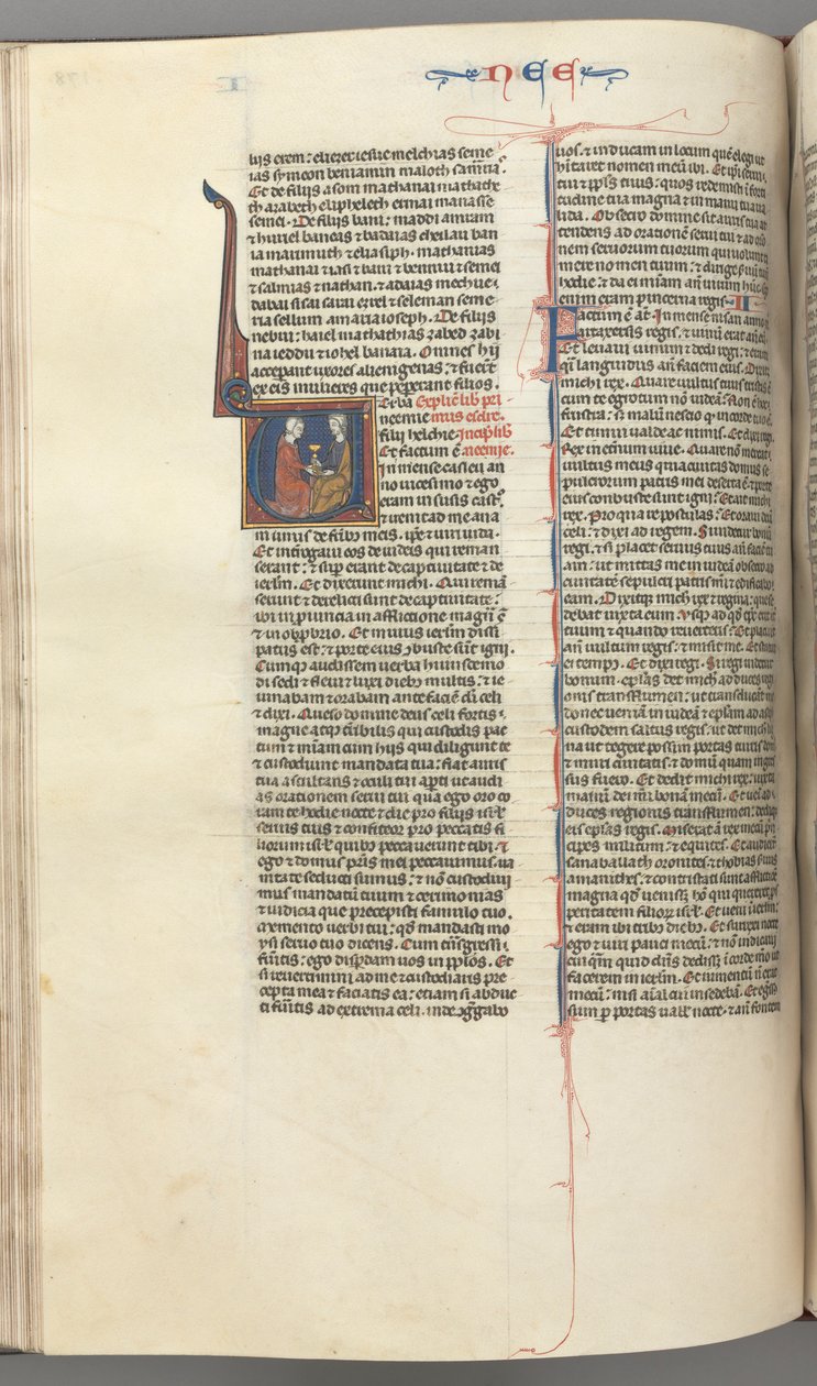 Fol. 178v, Neemias, historiada inicial V, Neemias apresentando o cálice de ouro a Artaxerxes, c. 127 de Unbekannt