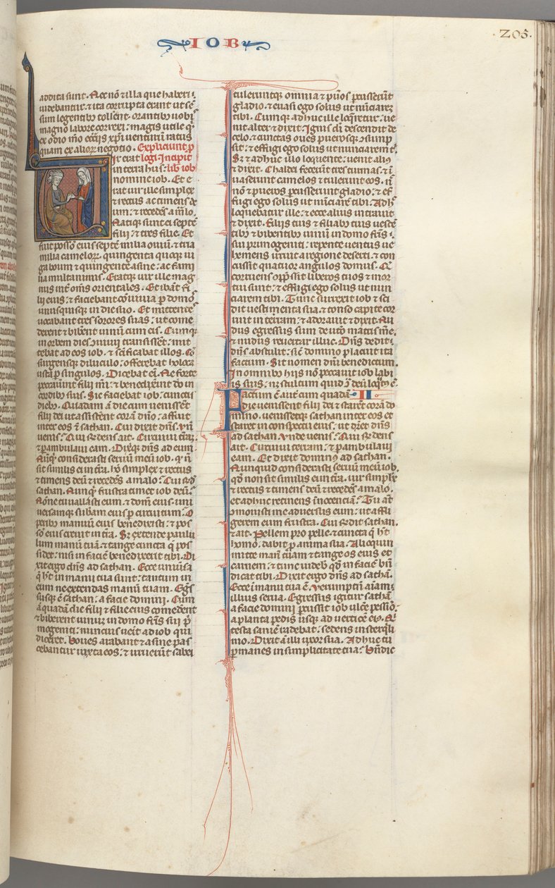Fol. 205r, Jó, historiou o V inicial, Jó na colina, dado um brinco de ouro, c. 1275-1300. de Unbekannt