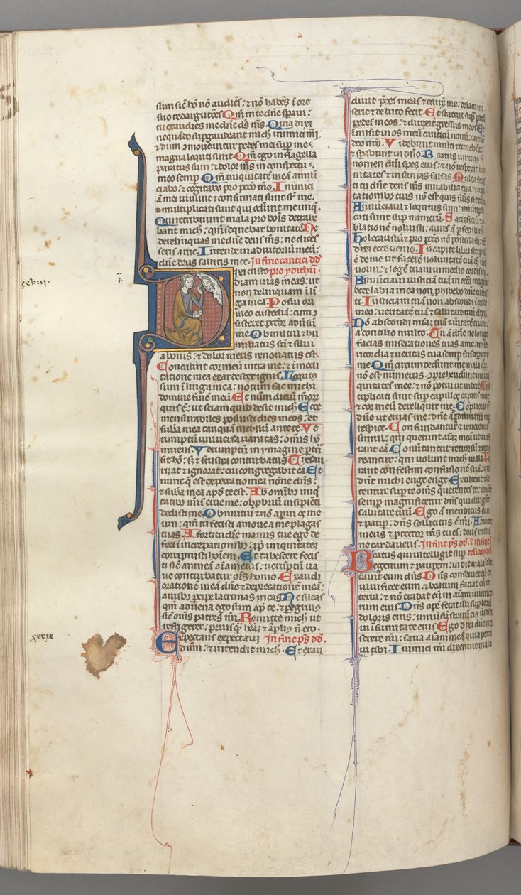 Fol. 220v, Salmo 38, historiada inicial D, Davi ajoelhado, gesticulando para o busto de Deus acima, c. 1 1 de Unbekannt