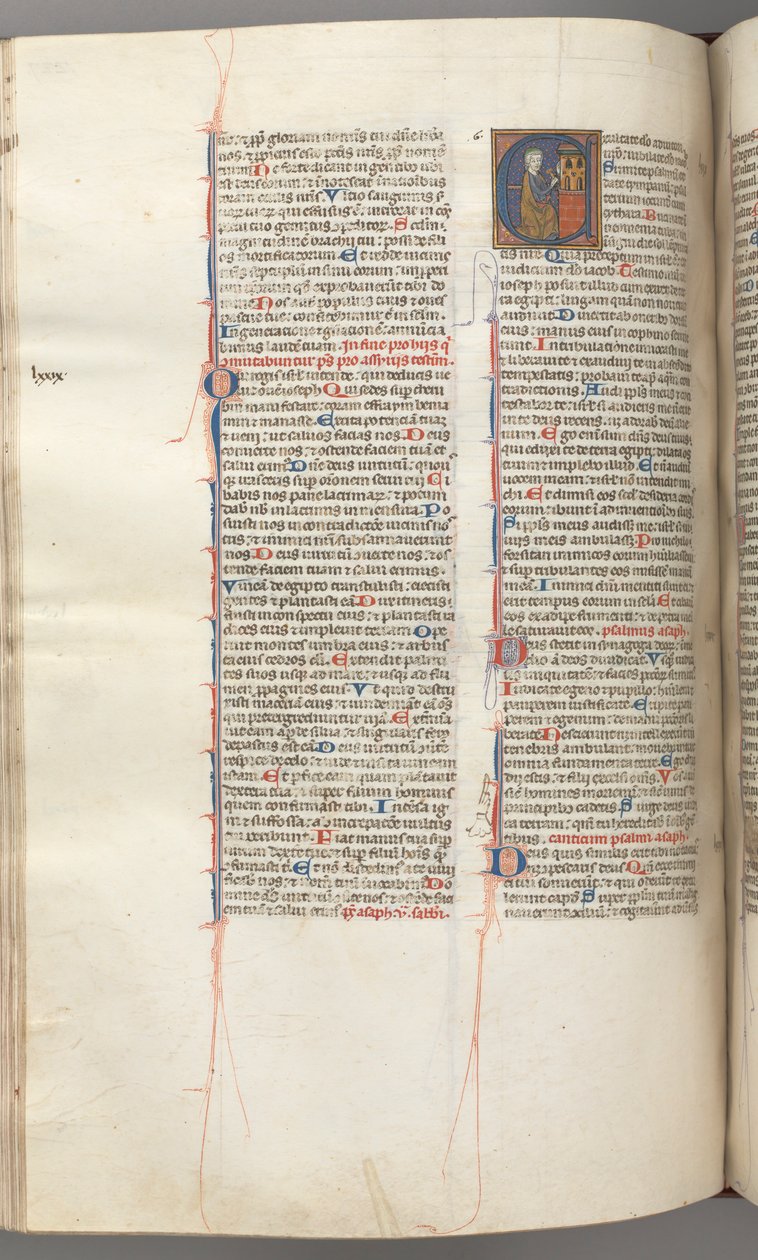 Fol. 227v, Salmo 80, historiada inicial E, Davi batendo em um carrilhão de infernos, c. 1275-1300. de Unbekannt