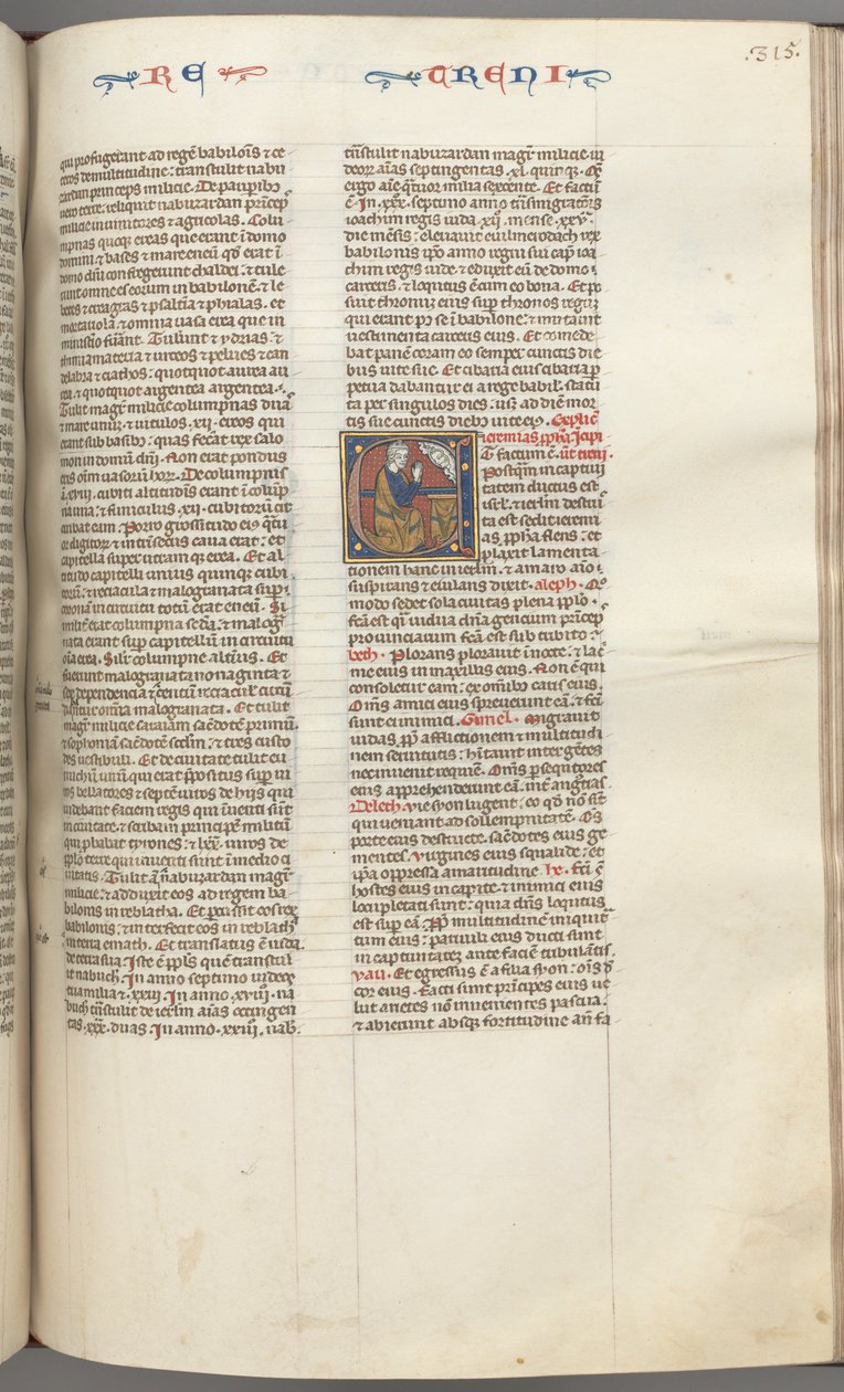 Fol. 315r, Lamentações, historiada inicial E, um Jeremias ajoelhado orando a um busto de Deus, c. 127 de Unbekannt