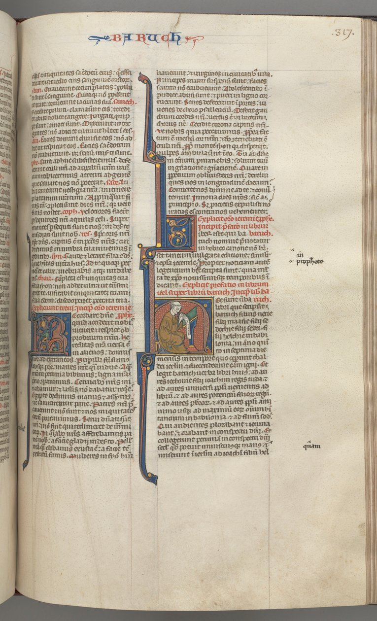 Fol. 317r, Baruch, historiador inicial H, Baruch sentado em uma mesa escrevendo em um pergaminho, c. 1275-1300. de Unbekannt