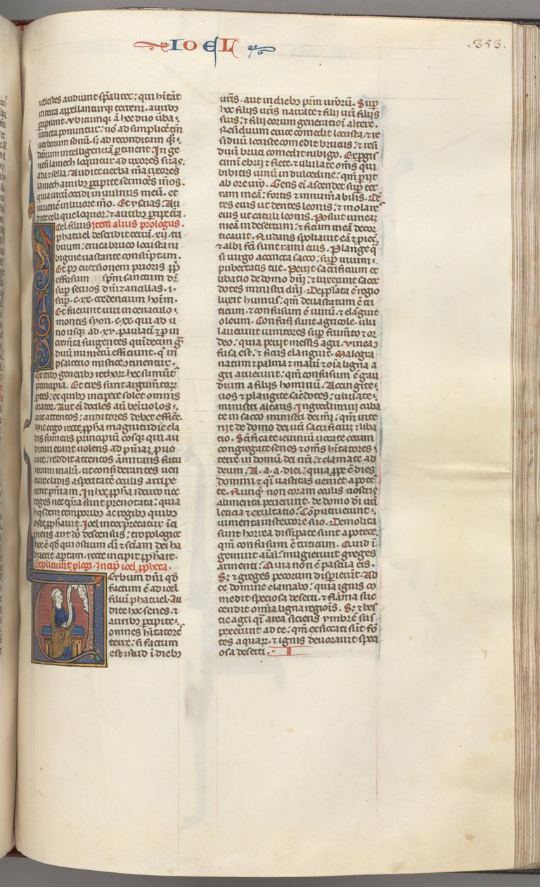 Fol. 353r, Joel, V historiado inicial, Joel sentado com um pergaminho, busto de Deus acima, c. 1275-1300. de Unbekannt