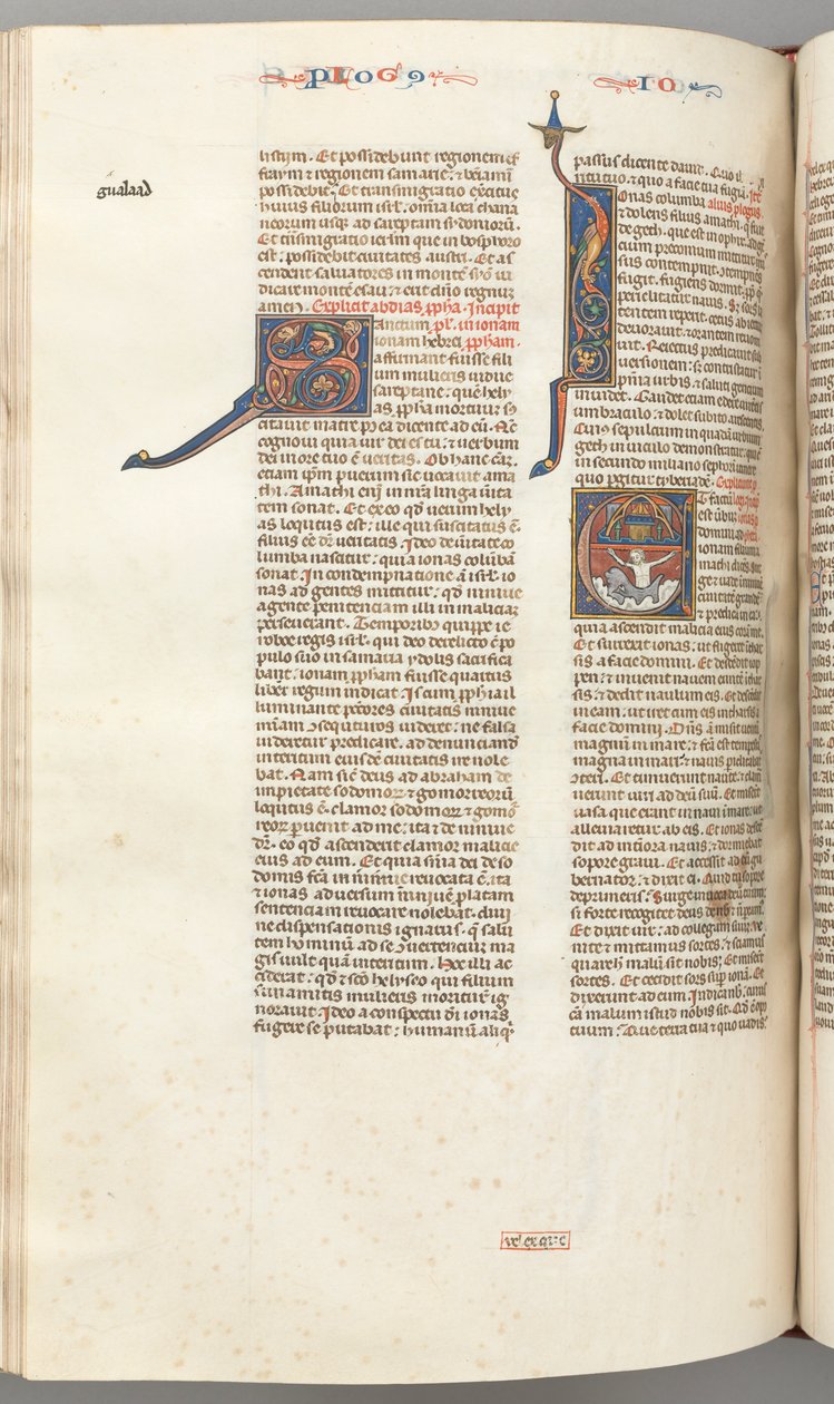 Fol. 357v, Jonas, historiada E inicial, Jonas engolido pela baleia, uma cidade murada acima, c. 1275- de Unbekannt