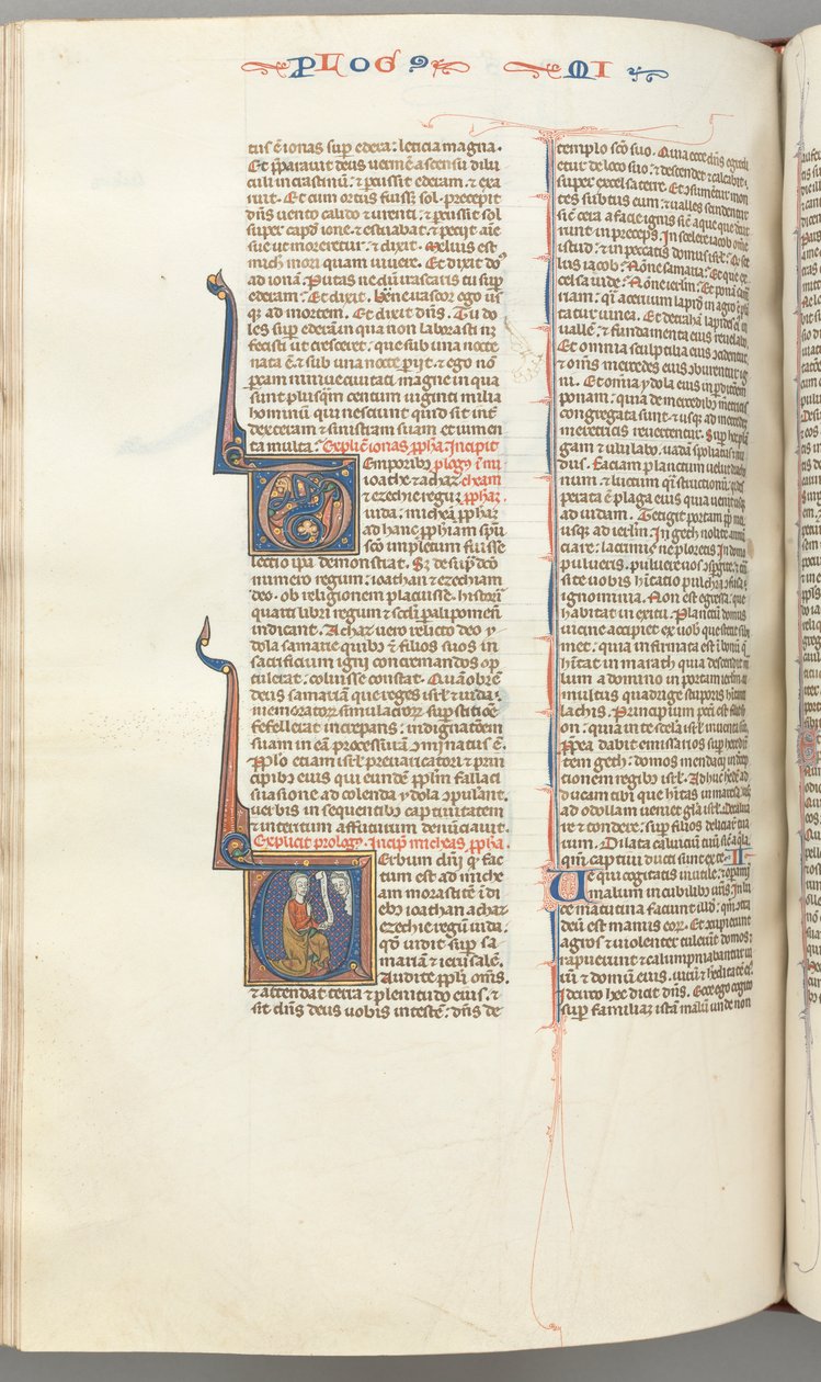 Fol. 358v, Miquéias, V inicial historiada, Miquéias ajoelhado, busto de Deus acima, c. 1275-1300. de Unbekannt
