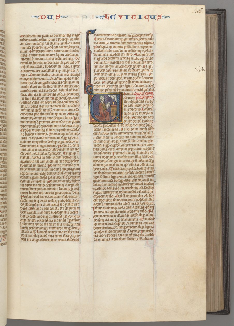 Fol. 36r, Levítico, historiada inicial V, Moisés oferecendo um cordeiro sacrificial em um altar, c. 1275-1 de Unbekannt