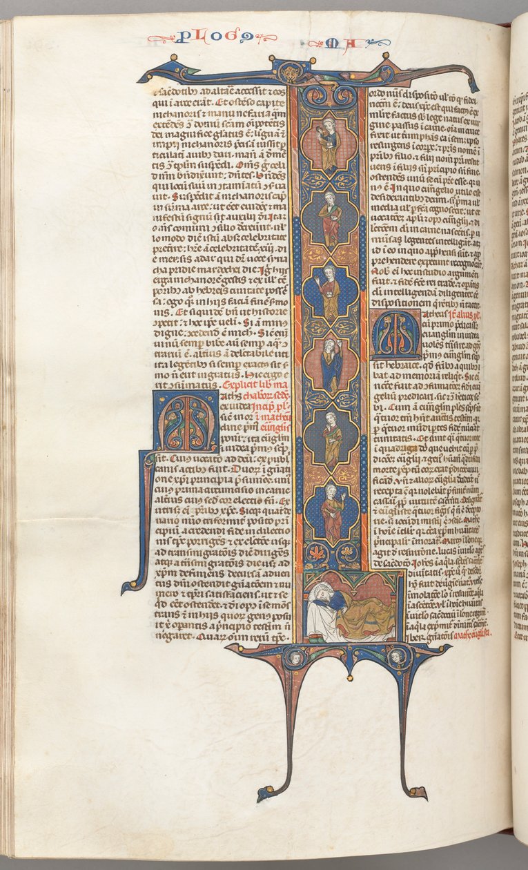Fol. 391v, Matthew, inicial histórica de longa duração L, a Árvore de Jessé, com um Jessé adormecido, c. de Unbekannt