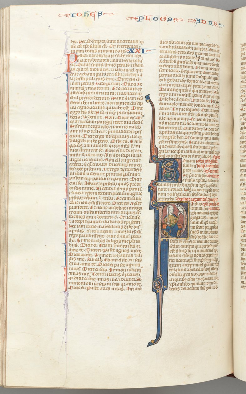 Fol. 435v, romanos, historiador inicial P, Paulo sentado com uma espada falando ao busto de Deus ..., c. de Unbekannt