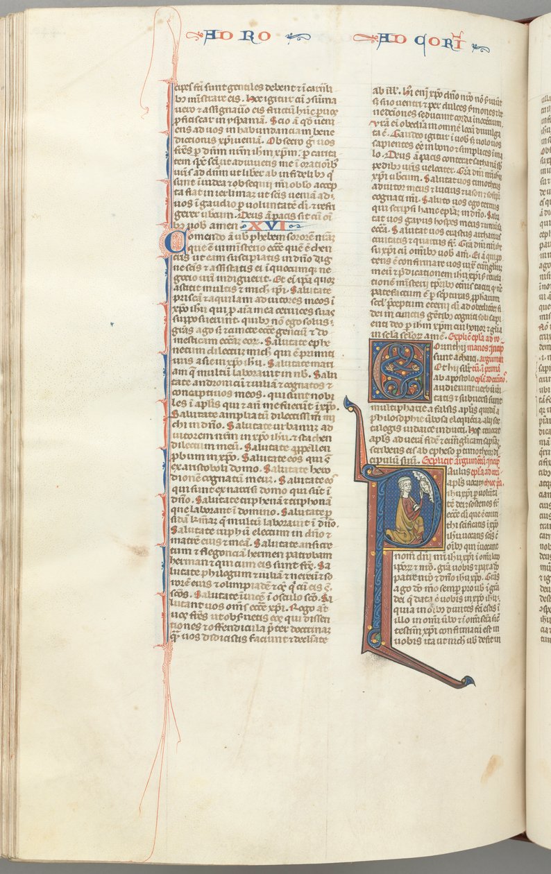 Fol. 440v, Coríntios I, historiado P inicial, Paulo ajoelhado conversando com o busto de Deus acima, c. de Unbekannt