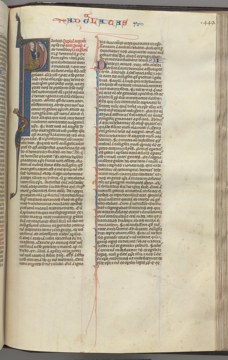 Fol. 449r, Gálatas, historiador inicial P, Paulo sentado com uma espada, c. 1275-1300. de Unbekannt