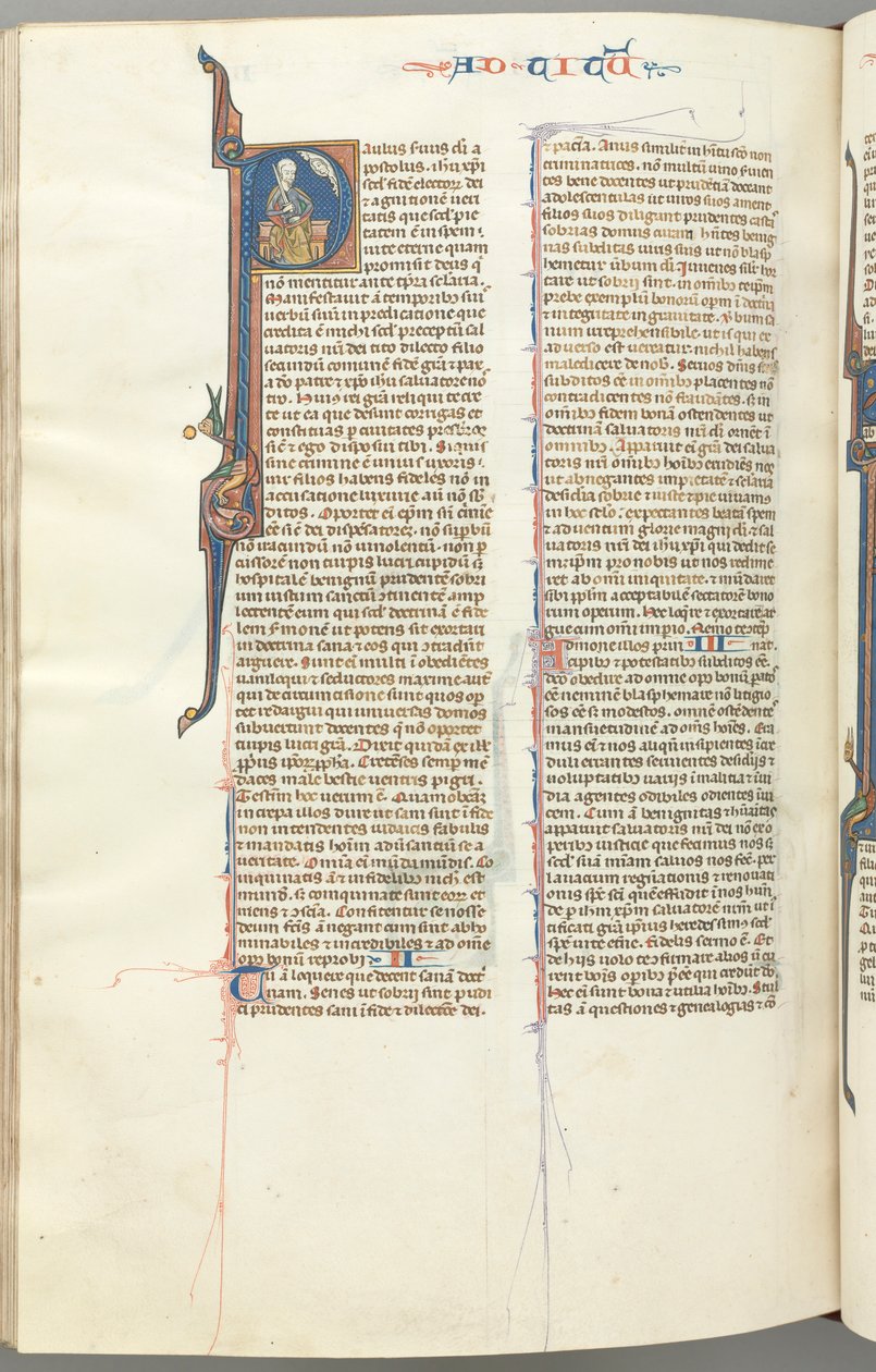 Fol. 458v, Tito, P inicial historiado, Paulo sentado com uma espada, c. 1275-1300. de Unbekannt