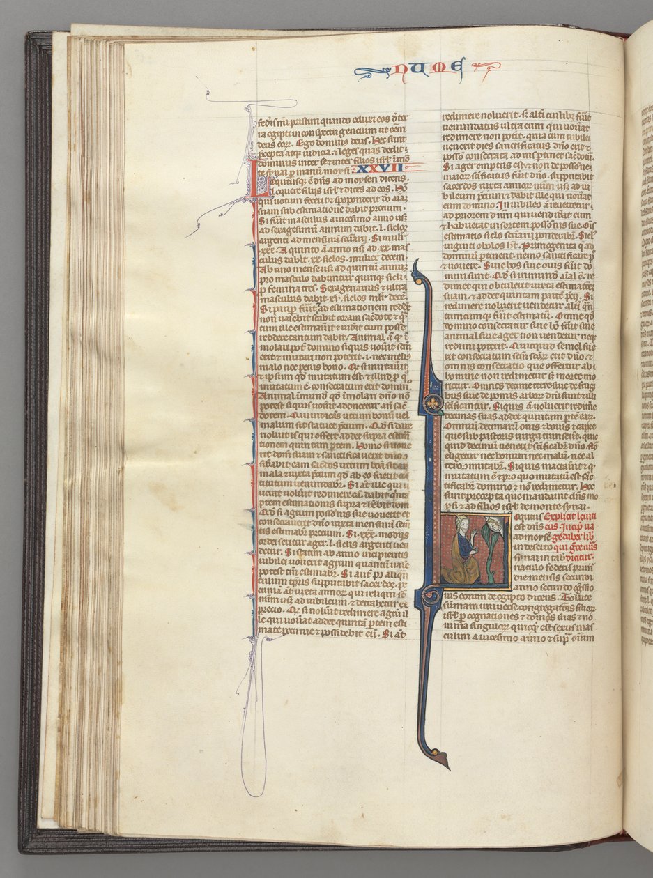 Fol. 46v, Números, inicial historiada L, Moisés com chifres, ajoelhado diante de Deus, c. 1275-1300. de Unbekannt