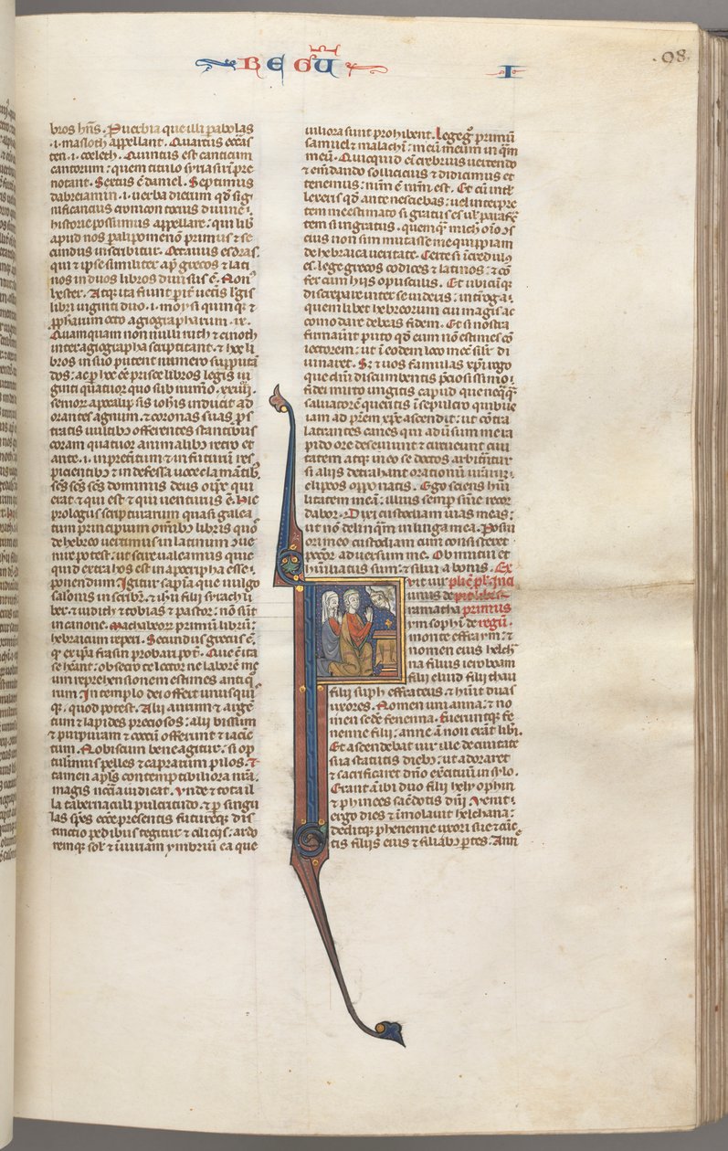 Fol. 98r, Reis I, historiou F inicial, Elcana e Ana ajoelhadas diante de um altar ..., c. 1275-13 de Unbekannt