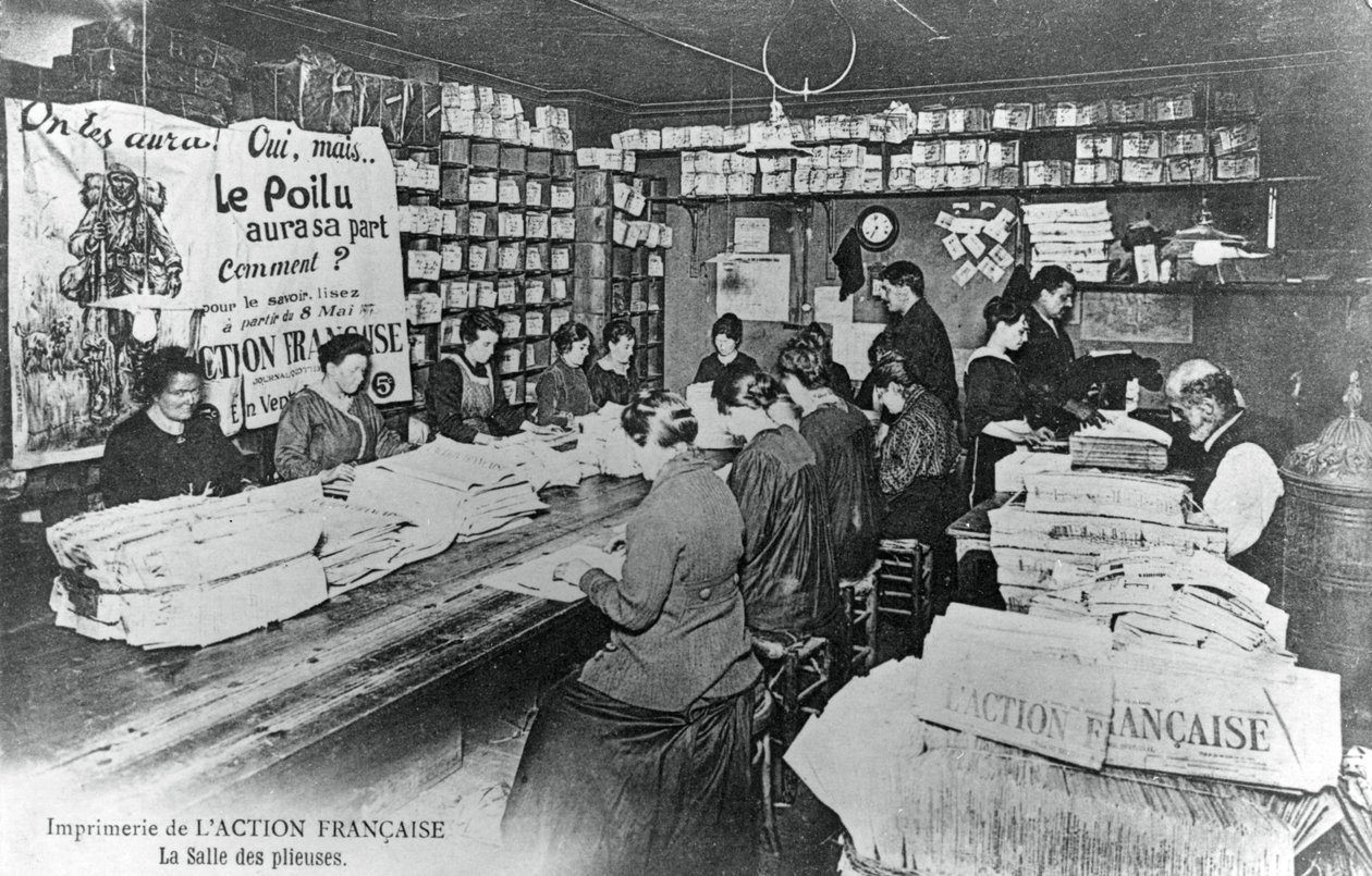 Sala de máquinas dobráveis, trabalhos de impressão do jornal LAction Francaise, Paris, 1917 de Unbekannt